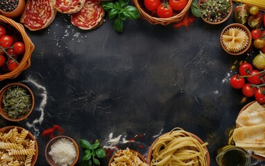 Arranging Italian Pasta Dishes into a Creative Frame,Crafting a Frame with Italian Pasta Delicacies, Copy Space, Generative Ai - obrazy, fototapety, plakaty