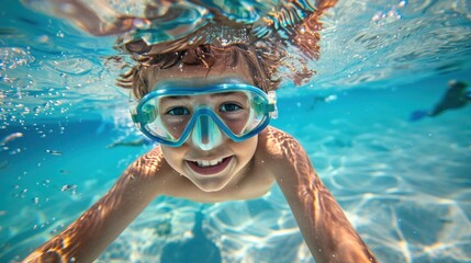 A young boy with blue goggles smiling underwater surrounded by bubbles and blue water.