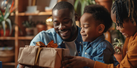 Father's day. Happy black family son giving dad gift and waiting for open - obrazy, fototapety, plakaty