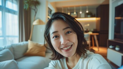Smiling woman with short hair wearing white top sitting in modern living room with white sofa and wooden furniture blurred background with natural light.