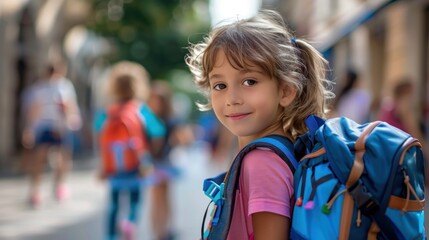 Young girl with blonde hair wearing a pink shirt and a blue backpack smiling at the camera standing on a street with blurred people in the background.