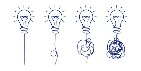 Continous draw lightbulb set with cable knot. Problem solving, complex business process resolving concept vector design with 3d lightbulb, wire.
