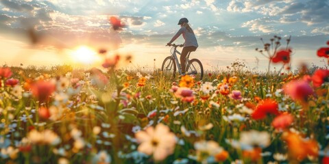 A person cycling past a field of blooming wildflowers. stock photo --ar 2:1 --style raw Job ID: 71e5783b-3936-