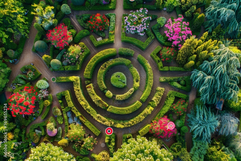 Poster lush garden set amidst a forest of towering trees, creating a tranquil and vibrant aerial sanctuary