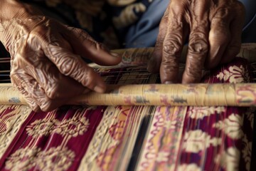 hands using a loom to create an ikat fabric pattern
