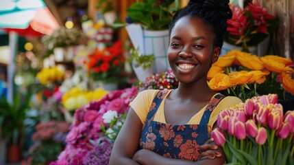 A cheerful woman in a floral apron stands amidst a vibrant display of colorful flowers at a market stall. - Powered by Adobe