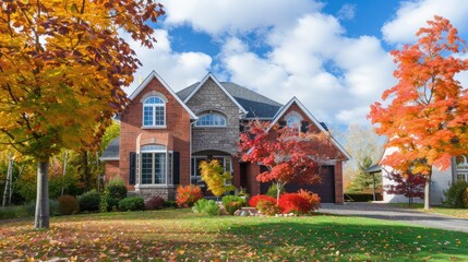 A view of a comfortable brick house with colorful autumn leaves on a bright fall day,Beautiful home...
