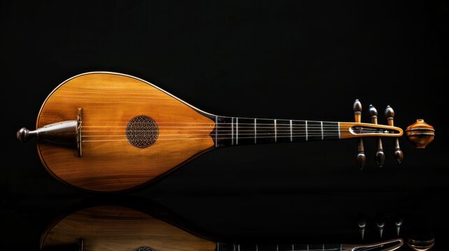 Turkish traditional music Instrument or saz baglama Isolated on a black background. AI generated