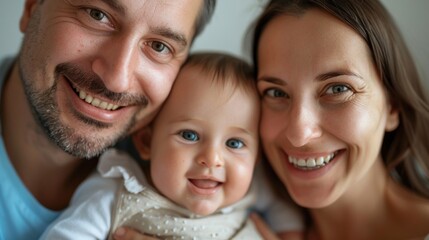 A joyful family portrait with a smiling man a woman and a baby with blue eyes all sharing a warm and loving moment.