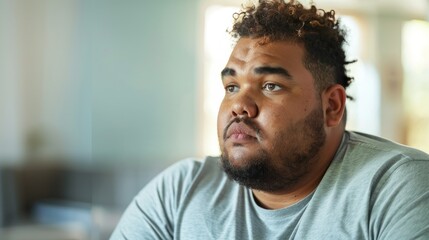 Obraz premium A man with a beard and curly hair wearing a gray t-shirt sitting in a room with a blurred background looking contemplative.
