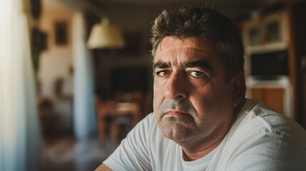 Fototapeta premium A man with a serious expression sitting in a dimly lit room with a blurred background possibly a kitchen or dining area.