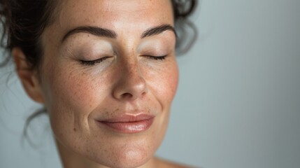 Fototapeta premium A close-up of a woman's face with closed eyes a serene expression and a hint of a smile set against a soft blurred background.