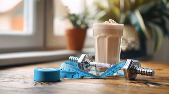 Diet weight loss concept with tasty shake drink near dumbbells with measuring tape on wooden table