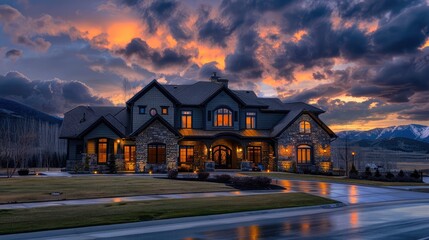 Beautiful house lit up at twilight with orange clouds,3d rendering of modern cozy chalet with pool...