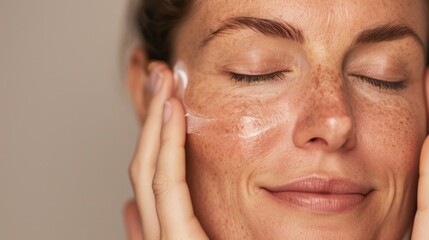 A woman with closed eyes applying a white cream to her face smiling gently and enjoying a moment of self-care.