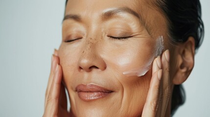 A woman with closed eyes applying a cream or mask to her face focusing on skincare and self-care.