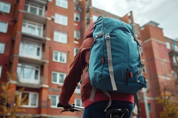 Foto op Canvas backpack on shoulders of student cycling past college dorms © primopiano