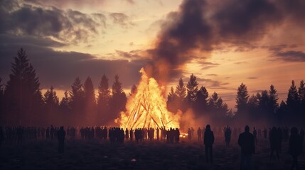 Valborg bonfire celebration in Sweden. Silhouettes of people standing around a bonfire. - obrazy, fototapety, plakaty