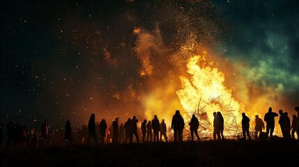 Valborg bonfire celebration in Sweden. Silhouettes of people standing around a bonfire. - Powered by Adobe