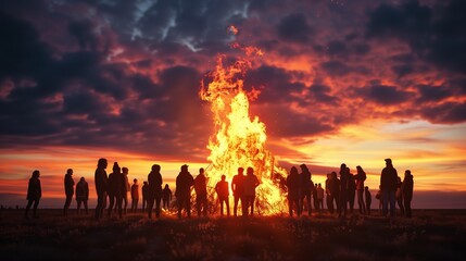 Valborg bonfire celebration in Sweden. Silhouettes of people standing around a bonfire. - obrazy, fototapety, plakaty