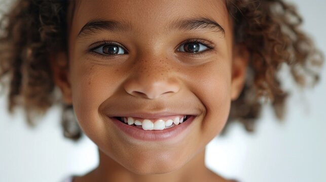 A young girl with curly hair smiling brightly showing her white teeth and freckles on her nose.
