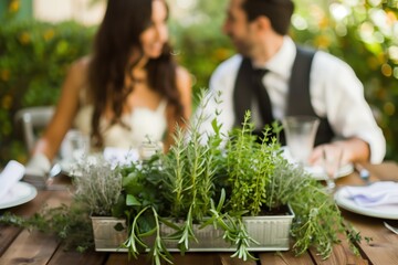 couple at a table with herb garden centerpiece