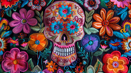 Vibrant Mexican embroidery depicting a sugar skull surrounded by colorful floral patterns, symbol of Dia de los Muertos