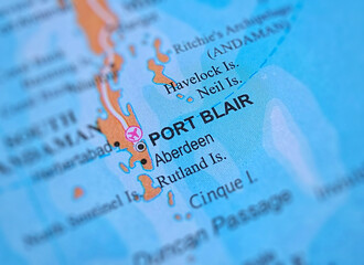 Port Blair on a map of India with blur effect.