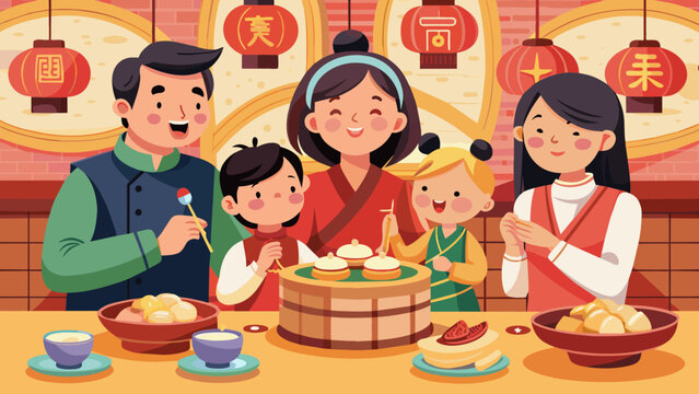 a vector illustration of chinese family eating dim