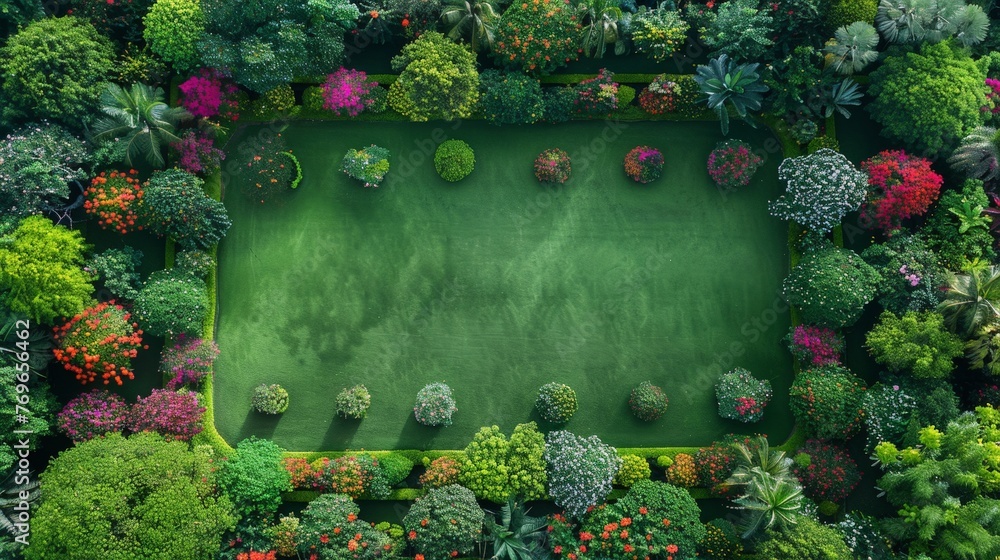 Poster a peaceful aerial view of a lush green field surrounded by a vibrant forest of trees, creating a tra