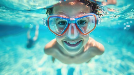 Naklejka premium A joyful child underwater wearing red and blue goggles smiling broadly with their eyes wide open enjoying the swimming experience.