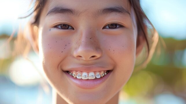 Smiling young girl with braces freckles and brown eyes against a blurred background of trees and sky.