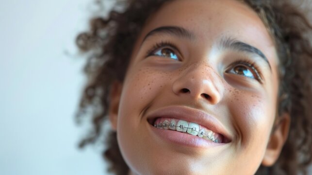 A young girl with curly hair freckles and braces looking up with a smile.