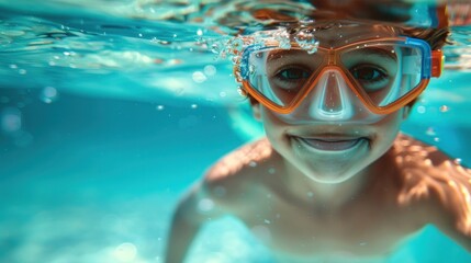 Fototapeta premium A young boy wearing orange goggles and smiling underwater surrounded by bubbles and blue water.