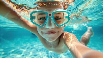 Naklejka premium A young child wearing snorkeling gear smiling underwater with a clear blue pool visible around them.