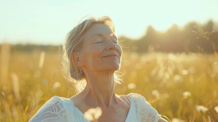 A woman with closed eyes smiling and basking in the warm glow of the sun amidst a field of tall grass and flowers.