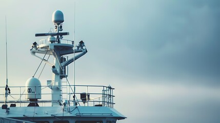 Ships mast with radar and communication equipment against a cloudy sky - obrazy, fototapety, plakaty
