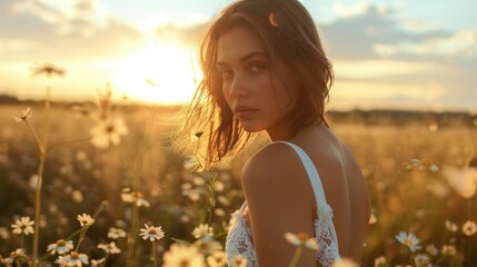 A woman with long hair wearing a white top stands in a field of flowers at sunset with a serene expression.