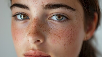 A close-up portrait of a young woman with freckles showcasing her hazel eyes and soft facial features.