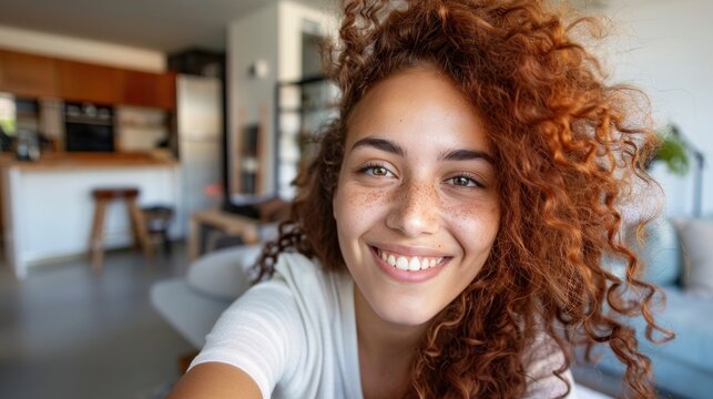 Beautiful young woman with curly red hair smiling brightly taking a selfie in a cozy modern living room.