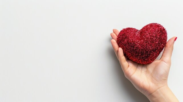 Human hand hold a red heart shape handmade craft on isolated white background. AI generated image