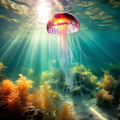 A breathtaking and surreal underwater scene featuring sun rays piercing through the sea water at the bottom of the sea, with very glowy jellyfish in a holographic style
