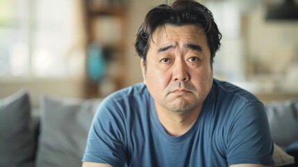 Fototapeta premium Asian man with a concerned expression sitting on a couch in a blurred indoor setting.
