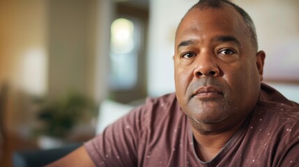 Fototapeta premium A man in a brown shirt with a serious expression sitting indoors with a blurred background.