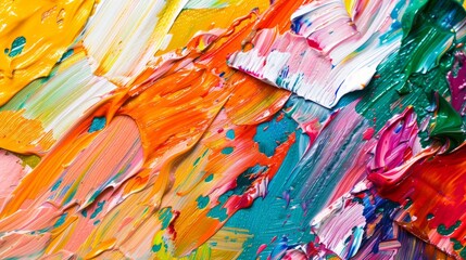Abstract art background. Multicolored bright texture. Contemporary art. Oil painting on canvas. Fragment of artwork. Spots of oil paint. Brushstrokes of paint. Modern art