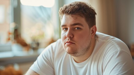 Obraz premium A young man with a beard and short hair wearing a white t-shirt sitting in a room with a window in the background.