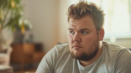 Fototapeta premium A man with a beard and curly hair wearing a gray t-shirt sitting in a room with a blurred background looking contemplative.