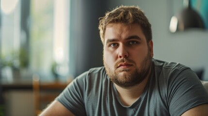 Obraz premium A man with a beard and short hair wearing a gray t-shirt sitting in a room with natural light looking directly at the camera with a neutral expression.