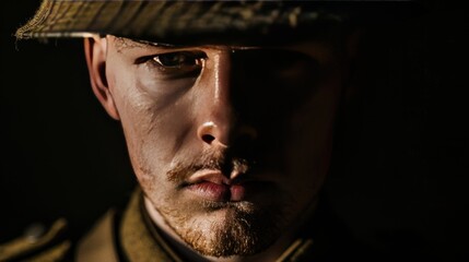 Close up portrait a british soldier with helmet in shadow view. AI generated image - obrazy, fototapety, plakaty