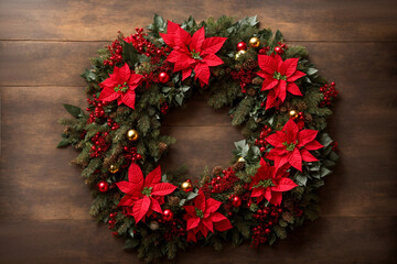 Christmas traditional wreath decorated with holly poinsettia flowers, green cone tree branches, red and golden balls
